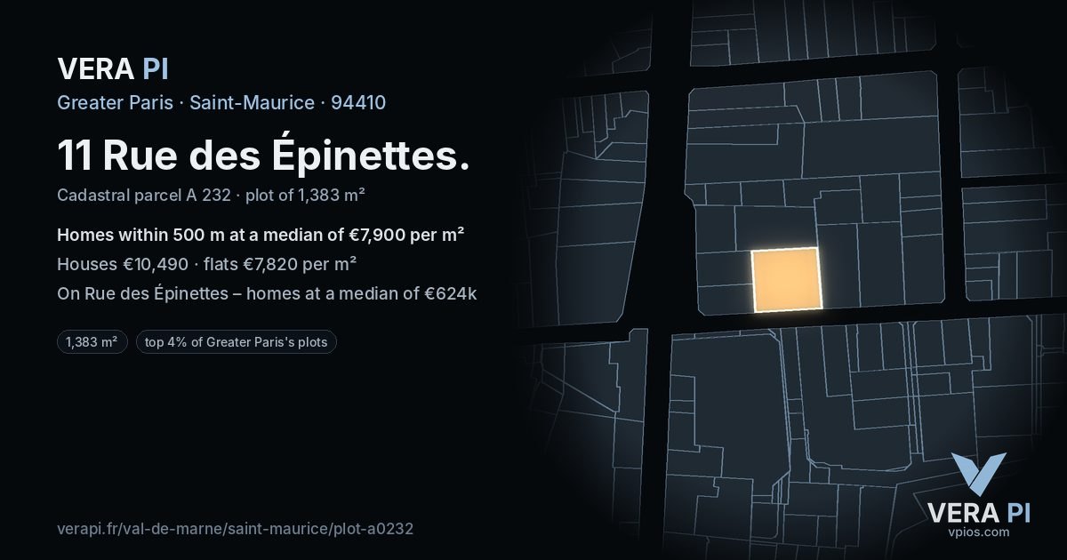 11 Rue des Épinettes, Saint-Maurice at night – the plot lit, the parcels around coloured by the prices near them