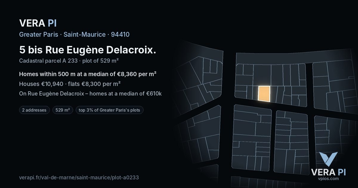 5 bis Rue Eugène Delacroix, Saint-Maurice at night – the plot lit, the parcels around coloured by the prices near them