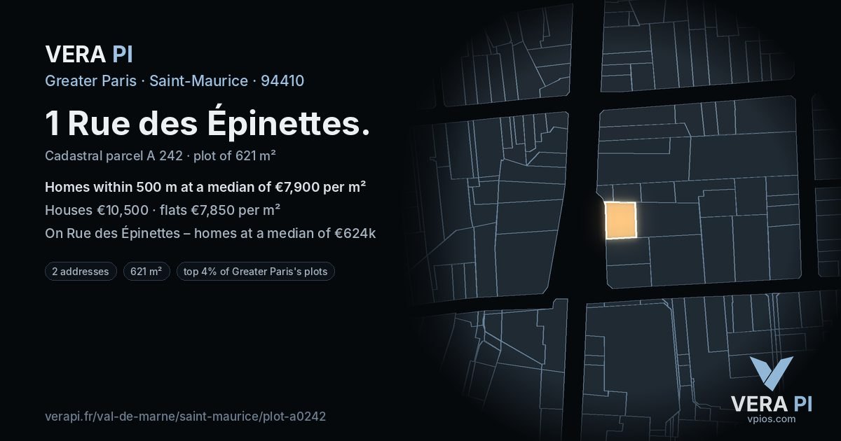 1 Rue des Épinettes, Saint-Maurice at night – the plot lit, the parcels around coloured by the prices near them