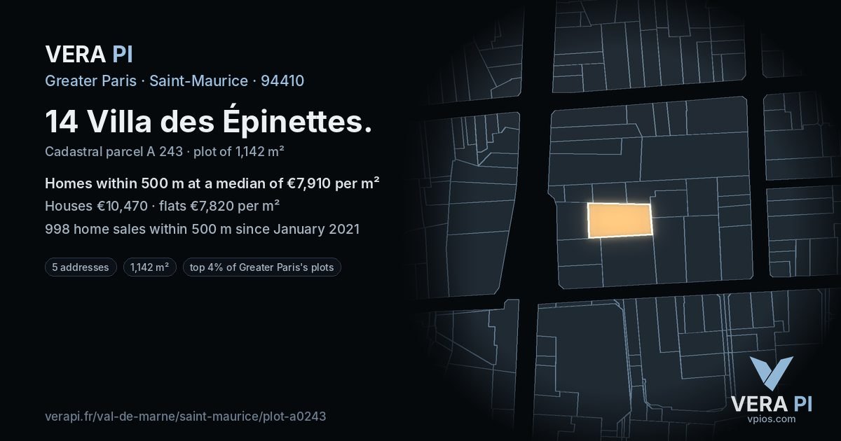 14 Villa des Épinettes, Saint-Maurice at night – the plot lit, the parcels around coloured by the prices near them
