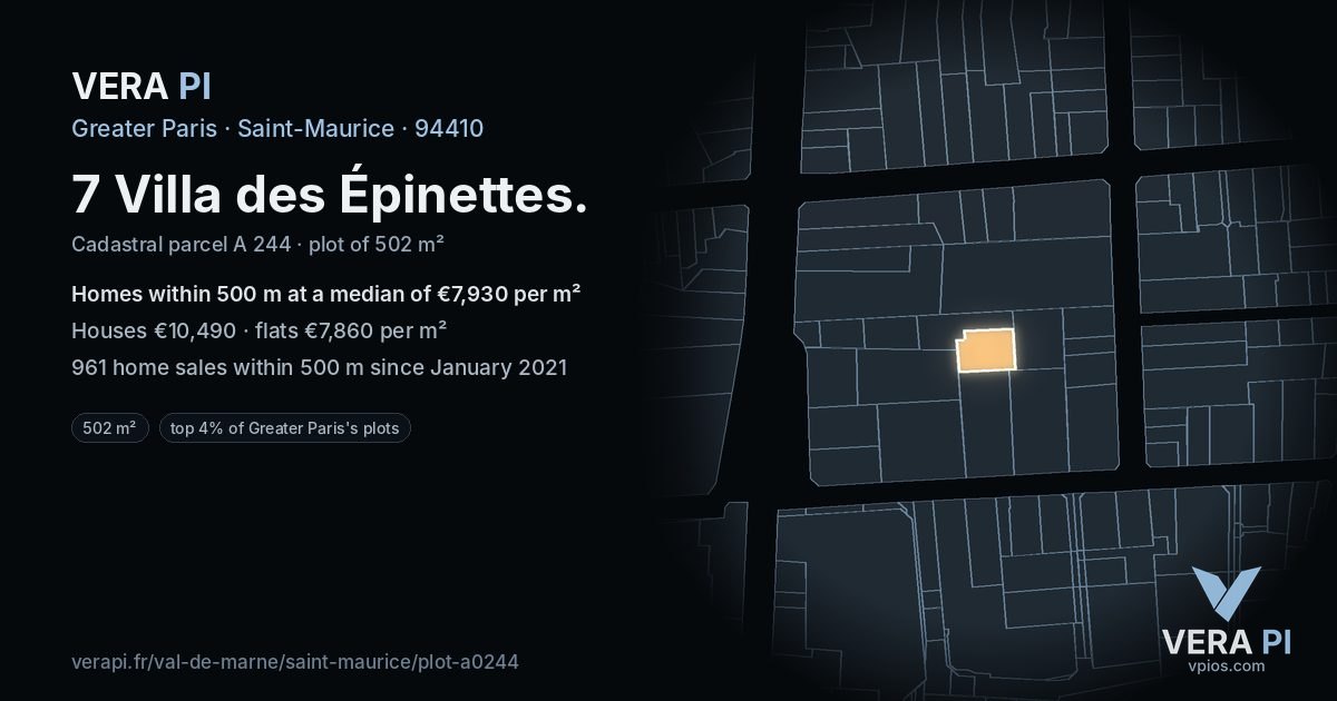 7 Villa des Épinettes, Saint-Maurice at night – the plot lit, the parcels around coloured by the prices near them
