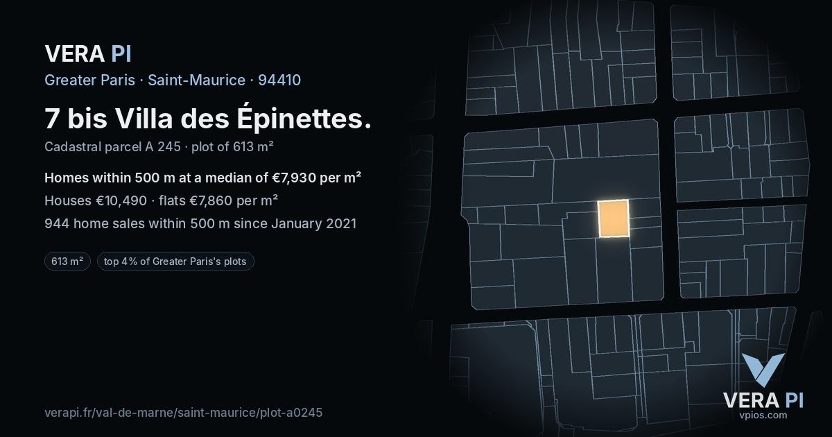 7 bis Villa des Épinettes, Saint-Maurice at night – the plot lit, the parcels around coloured by the prices near them