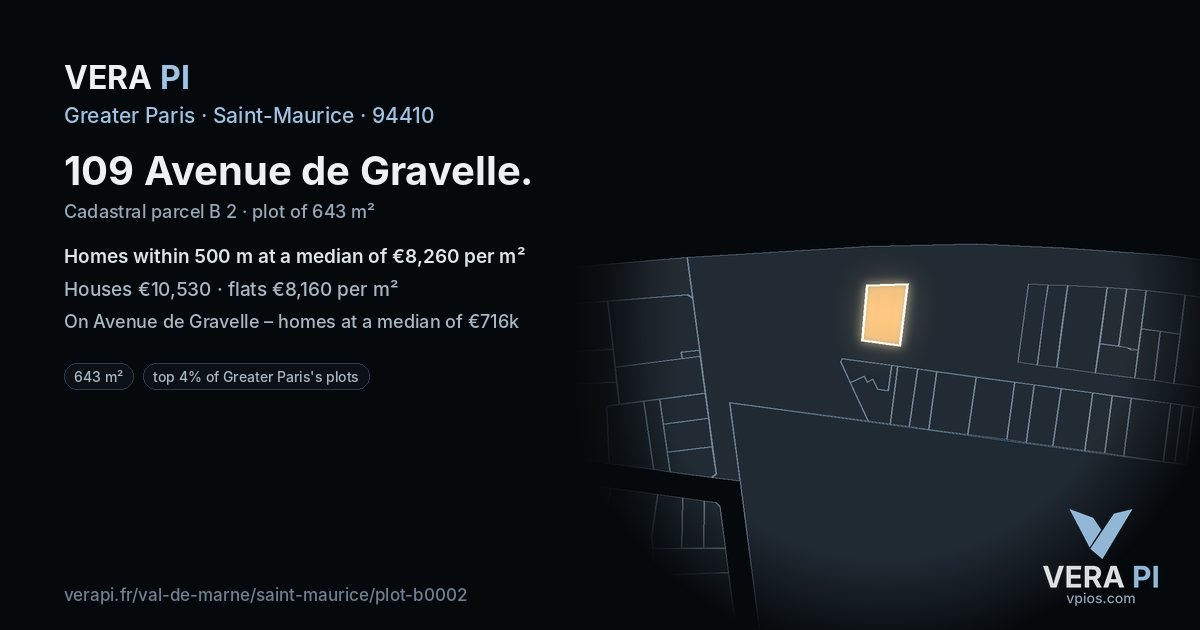 109 Avenue de Gravelle, Saint-Maurice at night – the plot lit, the parcels around coloured by the prices near them