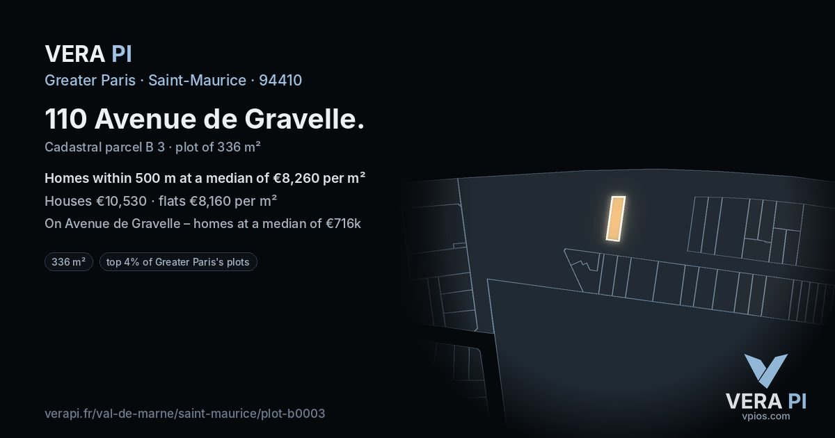 110 Avenue de Gravelle, Saint-Maurice at night – the plot lit, the parcels around coloured by the prices near them