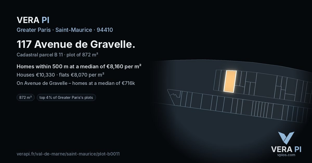 117 Avenue de Gravelle, Saint-Maurice at night – the plot lit, the parcels around coloured by the prices near them
