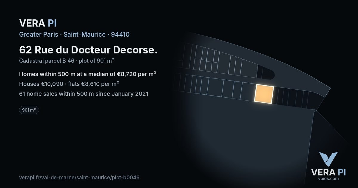 62 Rue du Docteur Decorse, Saint-Maurice at night – the plot lit, the parcels around coloured by the prices near them