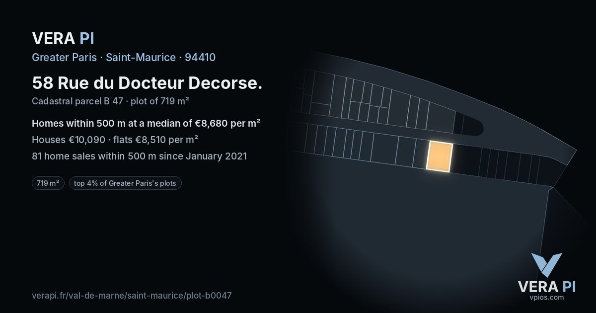 58 Rue du Docteur Decorse, Saint-Maurice at night – the plot lit, the parcels around coloured by the prices near them