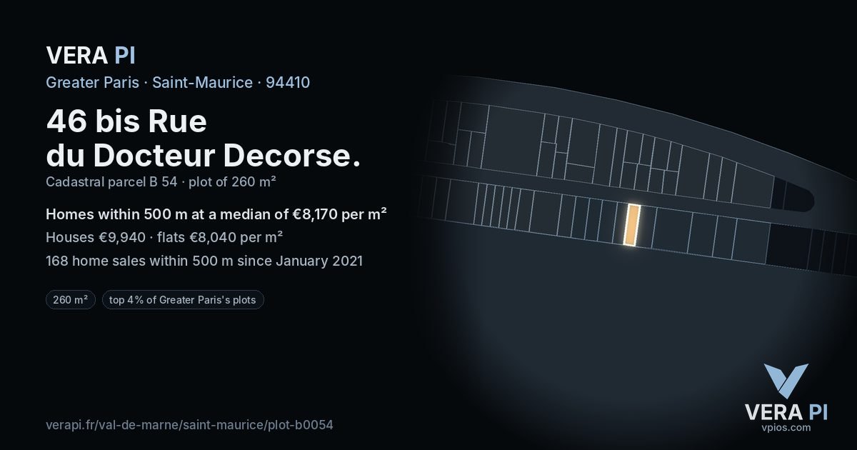 46 bis Rue du Docteur Decorse, Saint-Maurice at night – the plot lit, the parcels around coloured by the prices near them