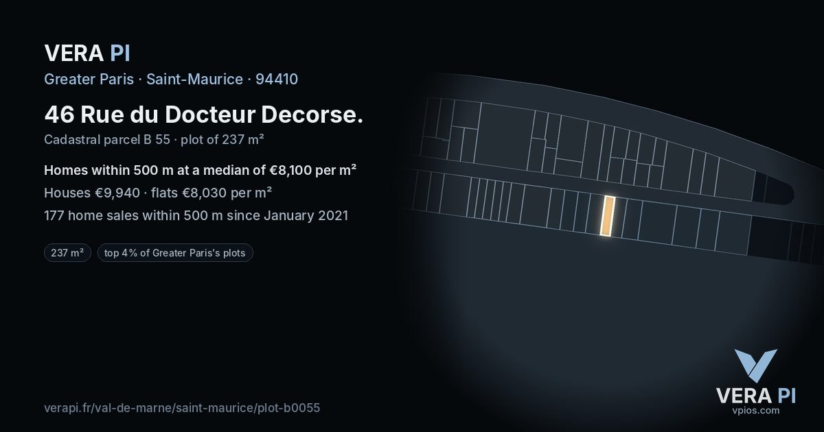46 Rue du Docteur Decorse, Saint-Maurice at night – the plot lit, the parcels around coloured by the prices near them