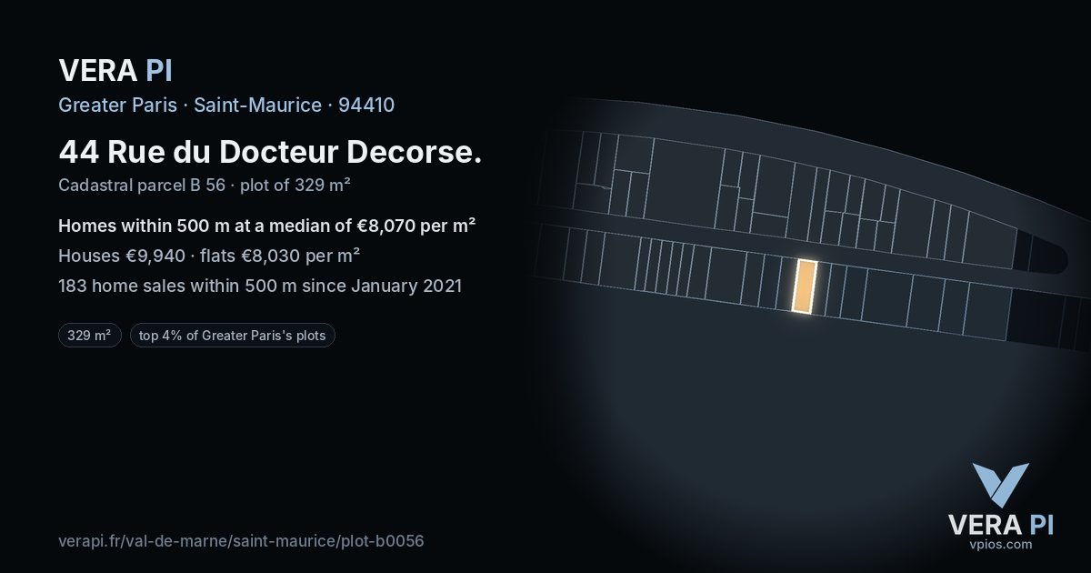 44 Rue du Docteur Decorse, Saint-Maurice at night – the plot lit, the parcels around coloured by the prices near them
