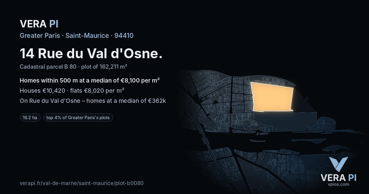 14 Rue du Val d'Osne, Saint-Maurice at night – the plot lit, the parcels around coloured by the prices near them