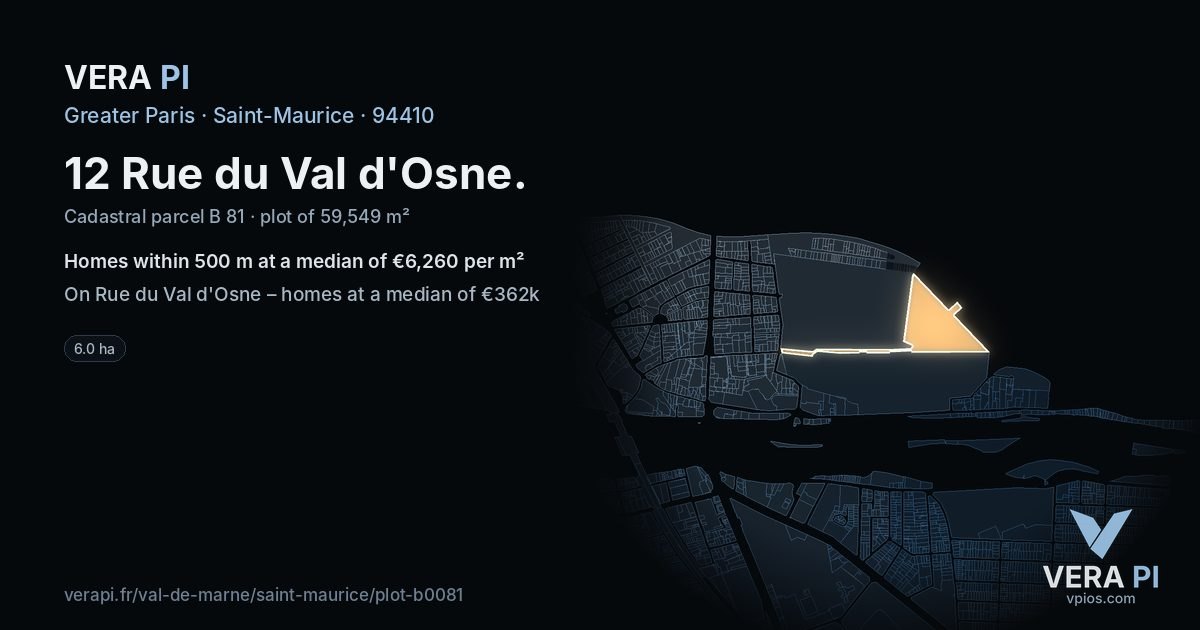 12 Rue du Val d'Osne, Saint-Maurice at night – the plot lit, the parcels around coloured by the prices near them