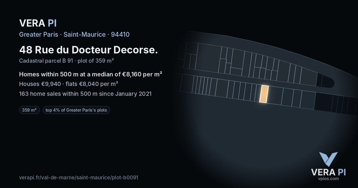 48 Rue du Docteur Decorse, Saint-Maurice at night – the plot lit, the parcels around coloured by the prices near them