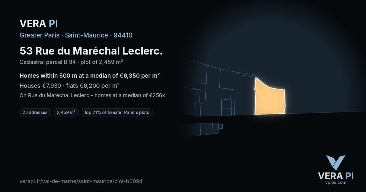 53 Rue du Maréchal Leclerc, Saint-Maurice at night – the plot lit, the parcels around coloured by the prices near them