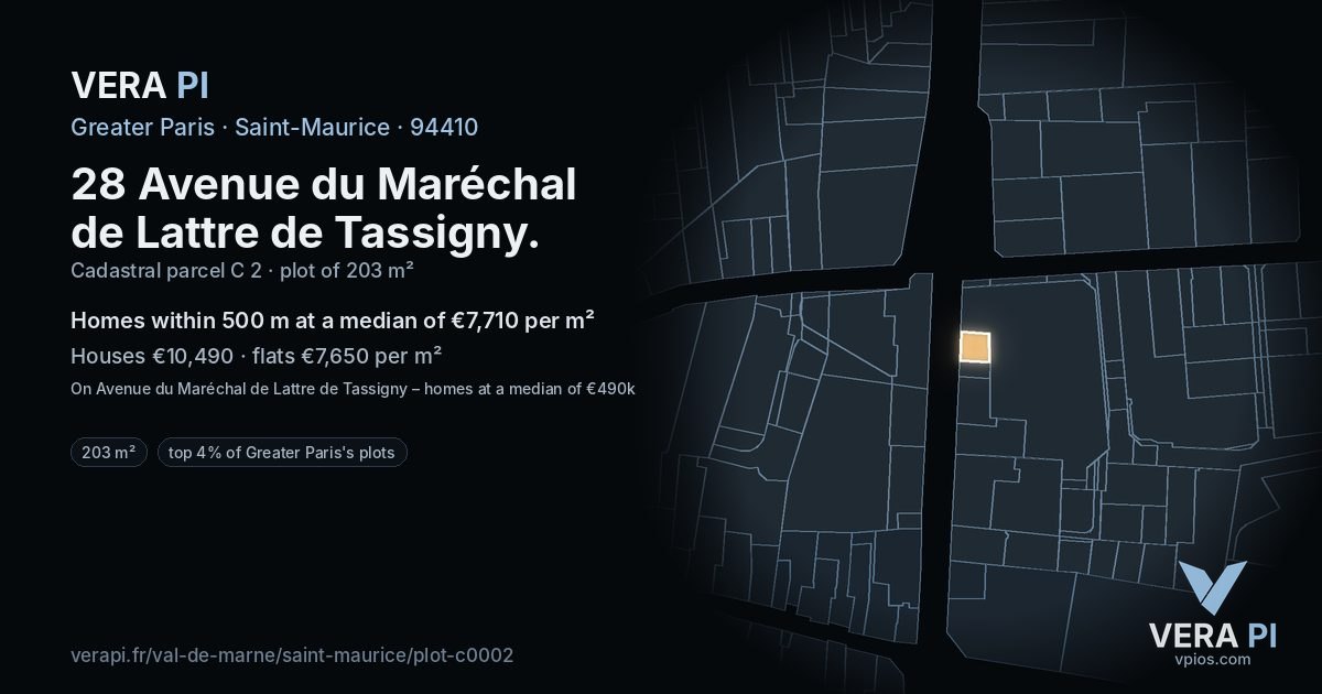 28 Avenue du Maréchal de Lattre de Tassigny, Saint-Maurice at night – the plot lit, the parcels around coloured by the prices near them