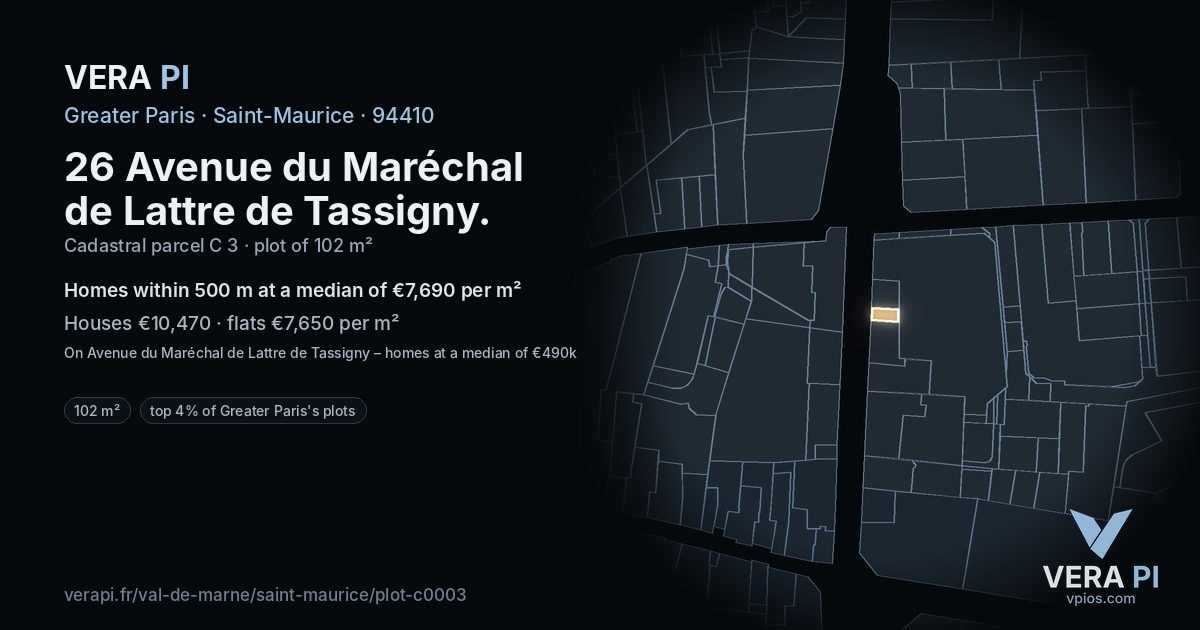 26 Avenue du Maréchal de Lattre de Tassigny, Saint-Maurice at night – the plot lit, the parcels around coloured by the prices near them
