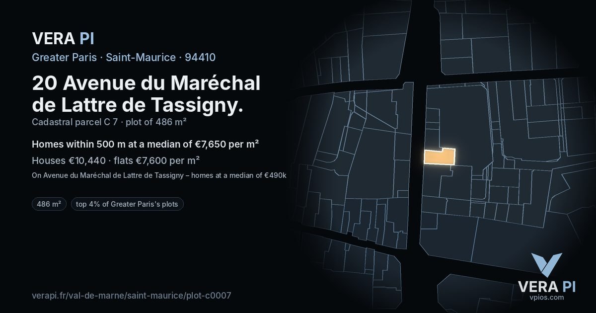 20 Avenue du Maréchal de Lattre de Tassigny, Saint-Maurice at night – the plot lit, the parcels around coloured by the prices near them