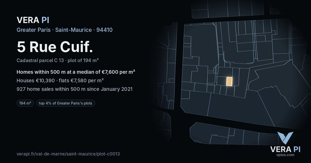 5 Rue Cuif, Saint-Maurice at night – the plot lit, the parcels around coloured by the prices near them