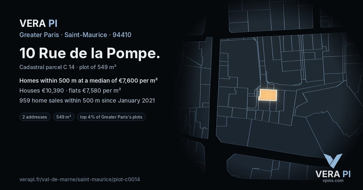10 Rue de la Pompe, Saint-Maurice at night – the plot lit, the parcels around coloured by the prices near them