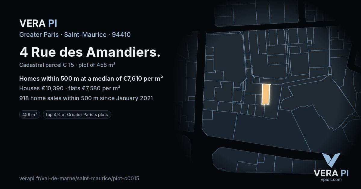 4 Rue des Amandiers, Saint-Maurice at night – the plot lit, the parcels around coloured by the prices near them