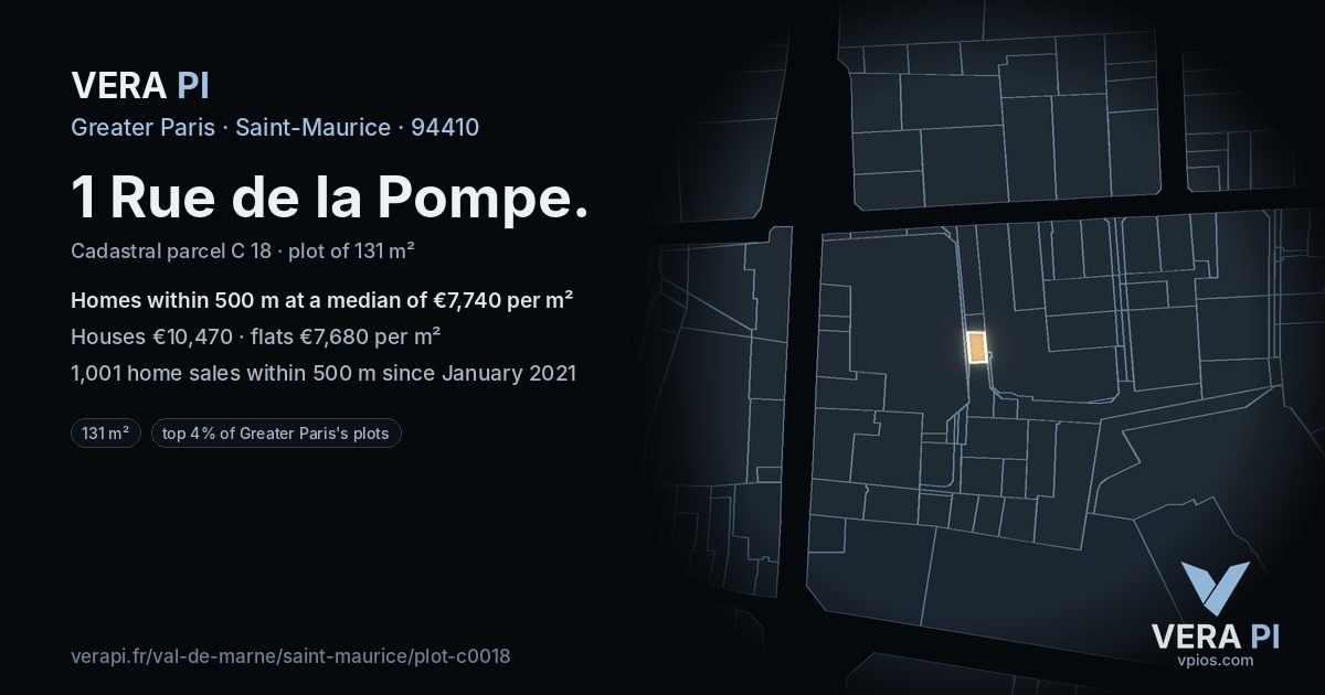 1 Rue de la Pompe, Saint-Maurice at night – the plot lit, the parcels around coloured by the prices near them