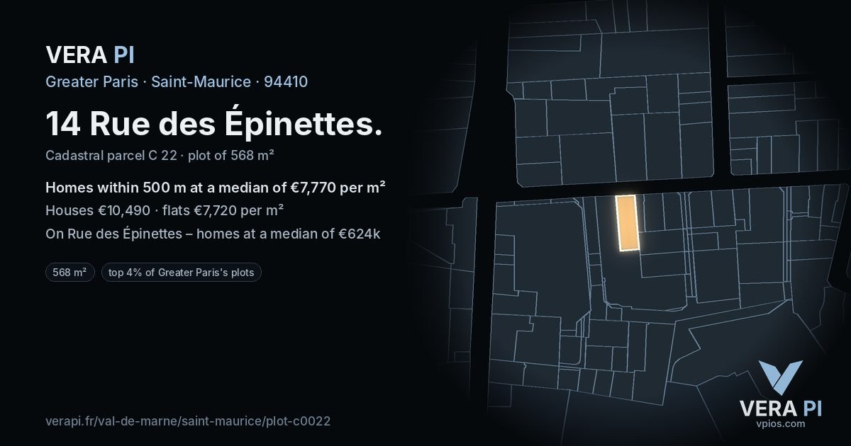 14 Rue des Épinettes, Saint-Maurice at night – the plot lit, the parcels around coloured by the prices near them