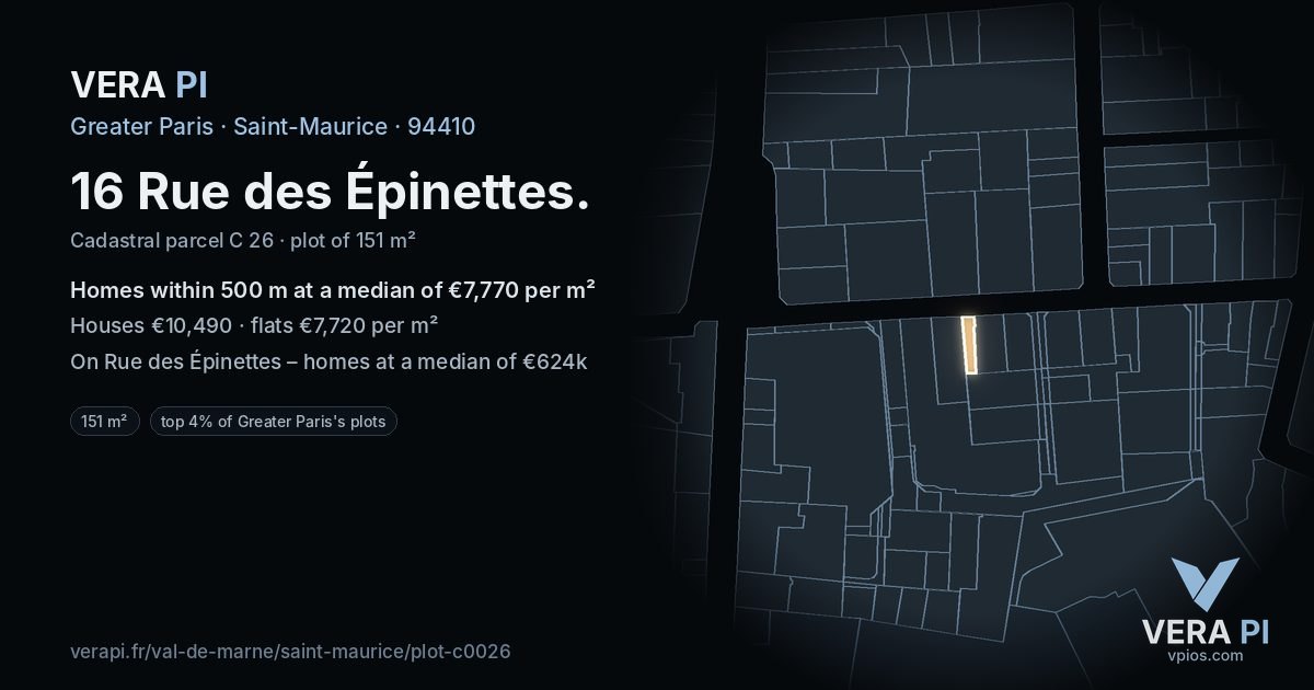 16 Rue des Épinettes, Saint-Maurice at night – the plot lit, the parcels around coloured by the prices near them
