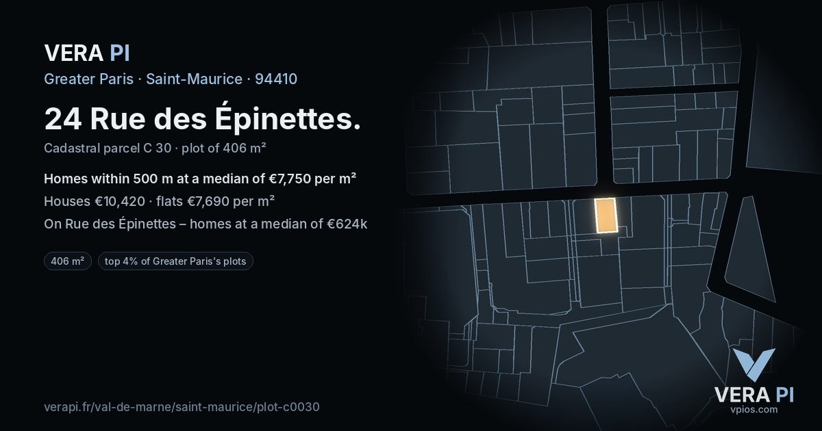 24 Rue des Épinettes, Saint-Maurice at night – the plot lit, the parcels around coloured by the prices near them