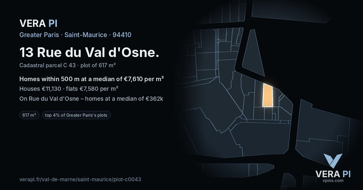 13 Rue du Val d'Osne, Saint-Maurice at night – the plot lit, the parcels around coloured by the prices near them