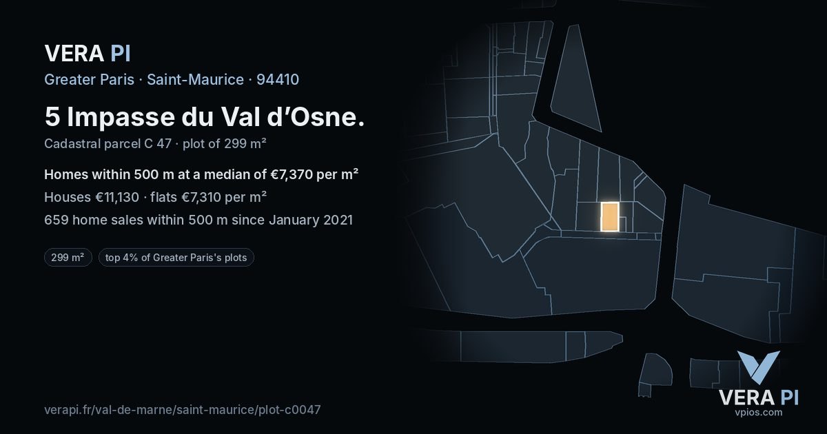 5 Impasse du Val d’Osne, Saint-Maurice at night – the plot lit, the parcels around coloured by the prices near them
