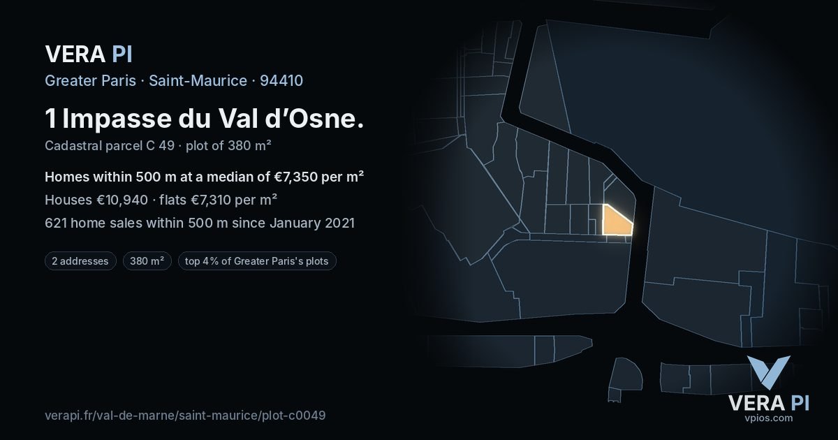 1 Impasse du Val d’Osne, Saint-Maurice at night – the plot lit, the parcels around coloured by the prices near them