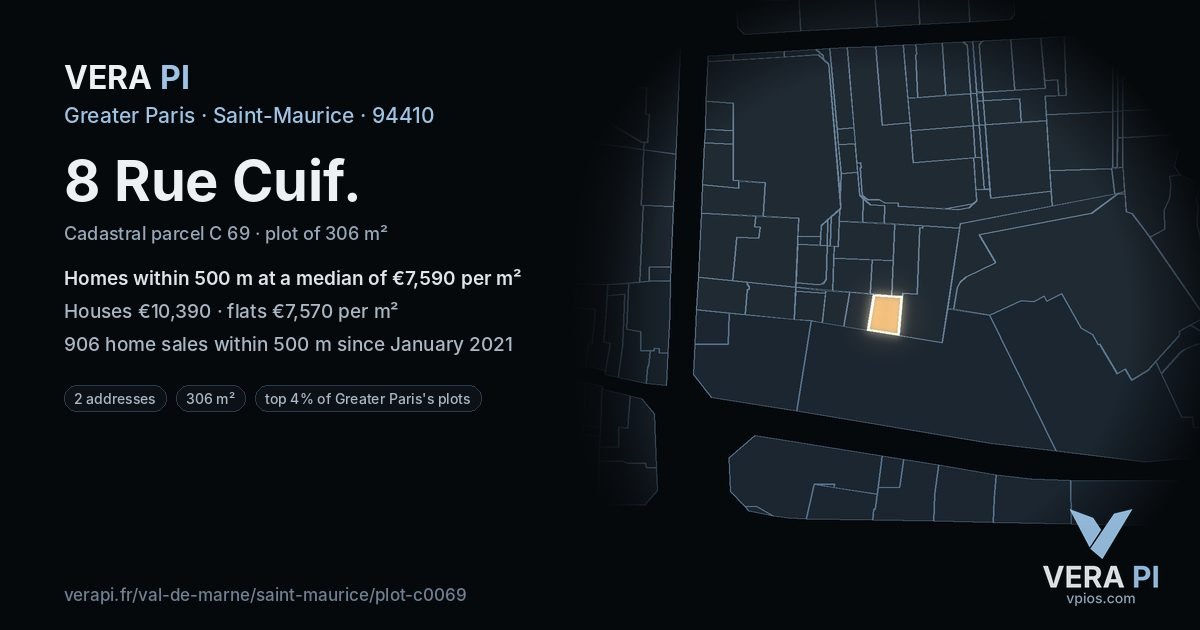 8 Rue Cuif, Saint-Maurice at night – the plot lit, the parcels around coloured by the prices near them