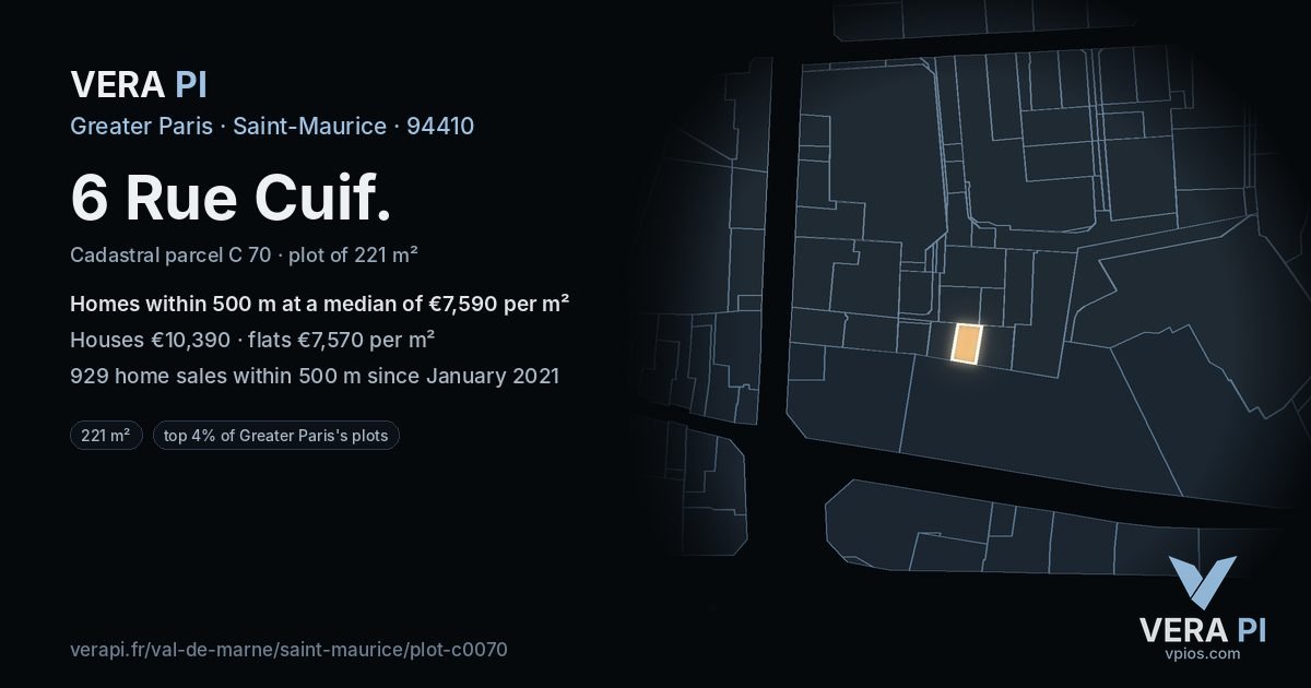 6 Rue Cuif, Saint-Maurice at night – the plot lit, the parcels around coloured by the prices near them