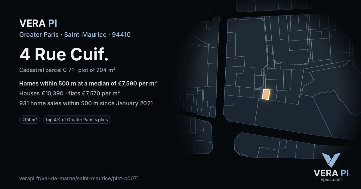 4 Rue Cuif, Saint-Maurice at night – the plot lit, the parcels around coloured by the prices near them