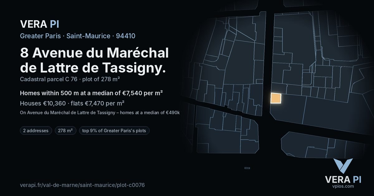 8 Avenue du Maréchal de Lattre de Tassigny, Saint-Maurice at night – the plot lit, the parcels around coloured by the prices near them