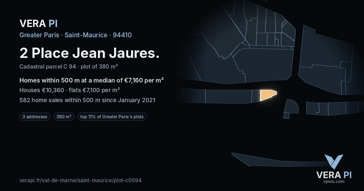 2 Place Jean Jaures, Saint-Maurice at night – the plot lit, the parcels around coloured by the prices near them