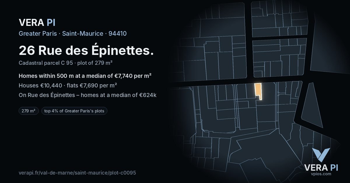 26 Rue des Épinettes, Saint-Maurice at night – the plot lit, the parcels around coloured by the prices near them