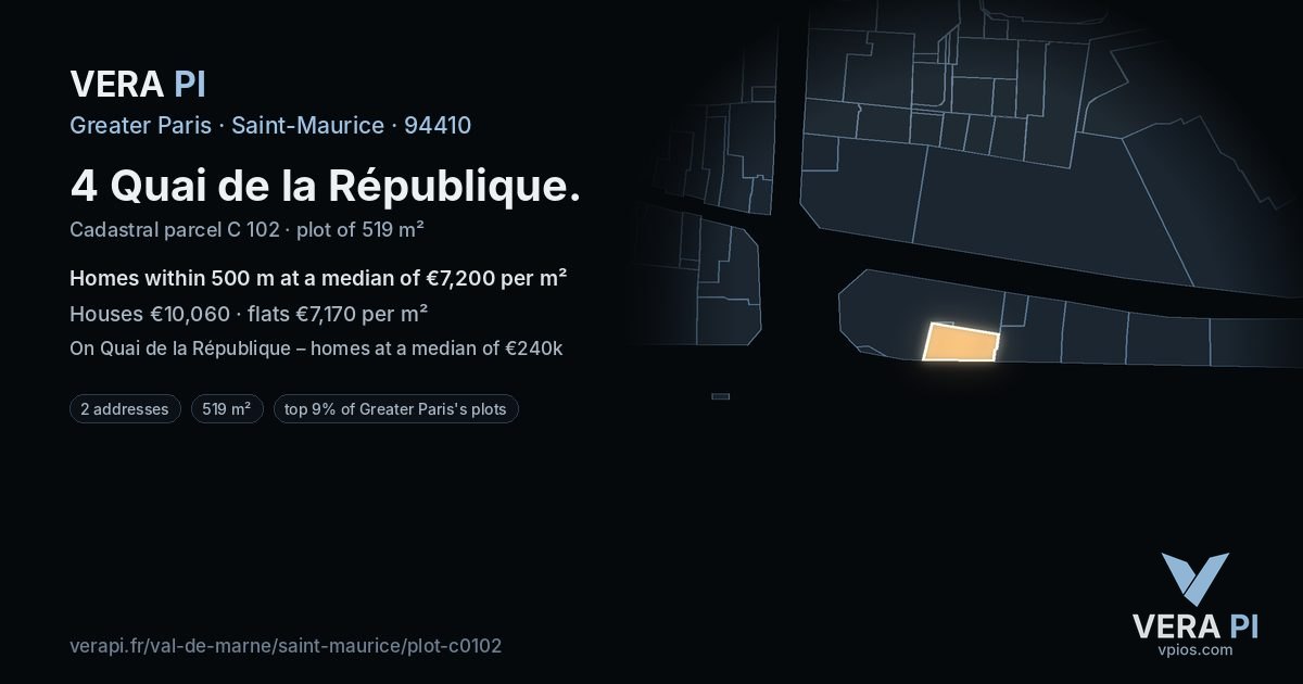 4 Quai de la République, Saint-Maurice at night – the plot lit, the parcels around coloured by the prices near them