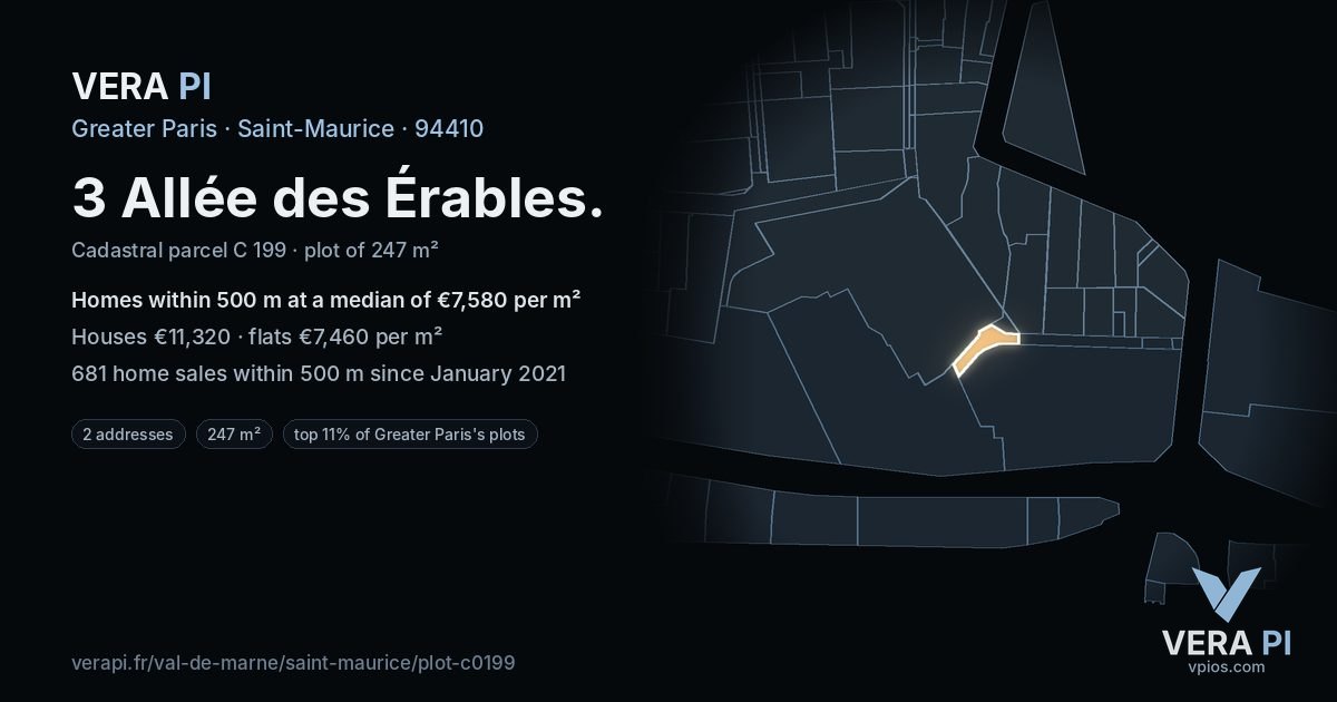 3 Allée des Érables, Saint-Maurice at night – the plot lit, the parcels around coloured by the prices near them