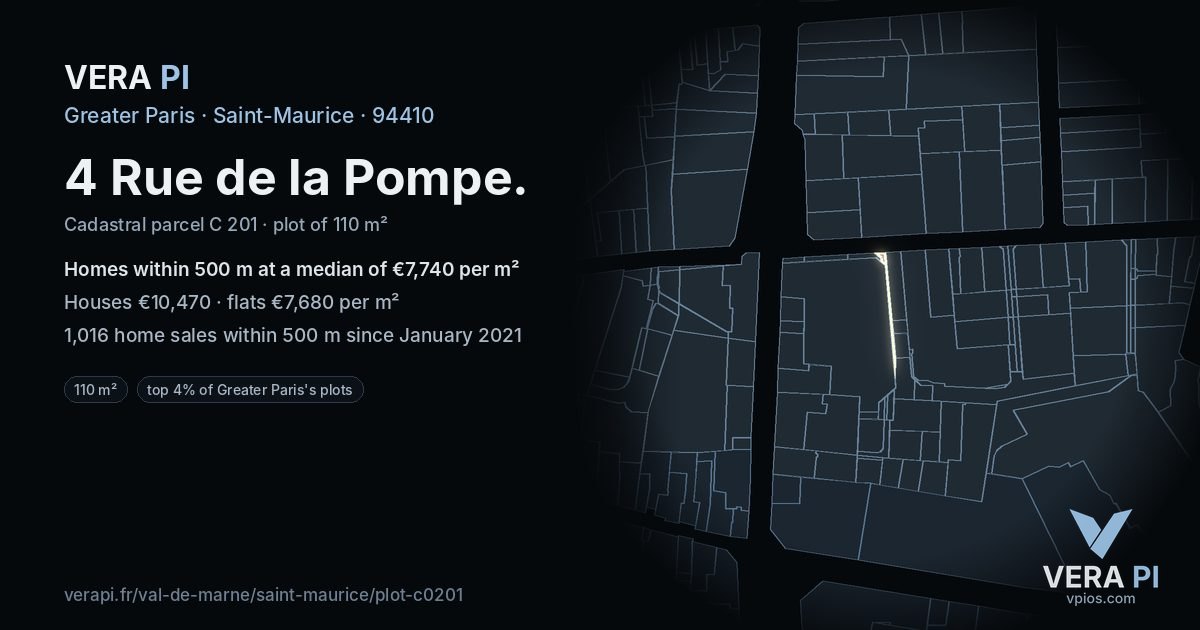 4 Rue de la Pompe, Saint-Maurice at night – the plot lit, the parcels around coloured by the prices near them