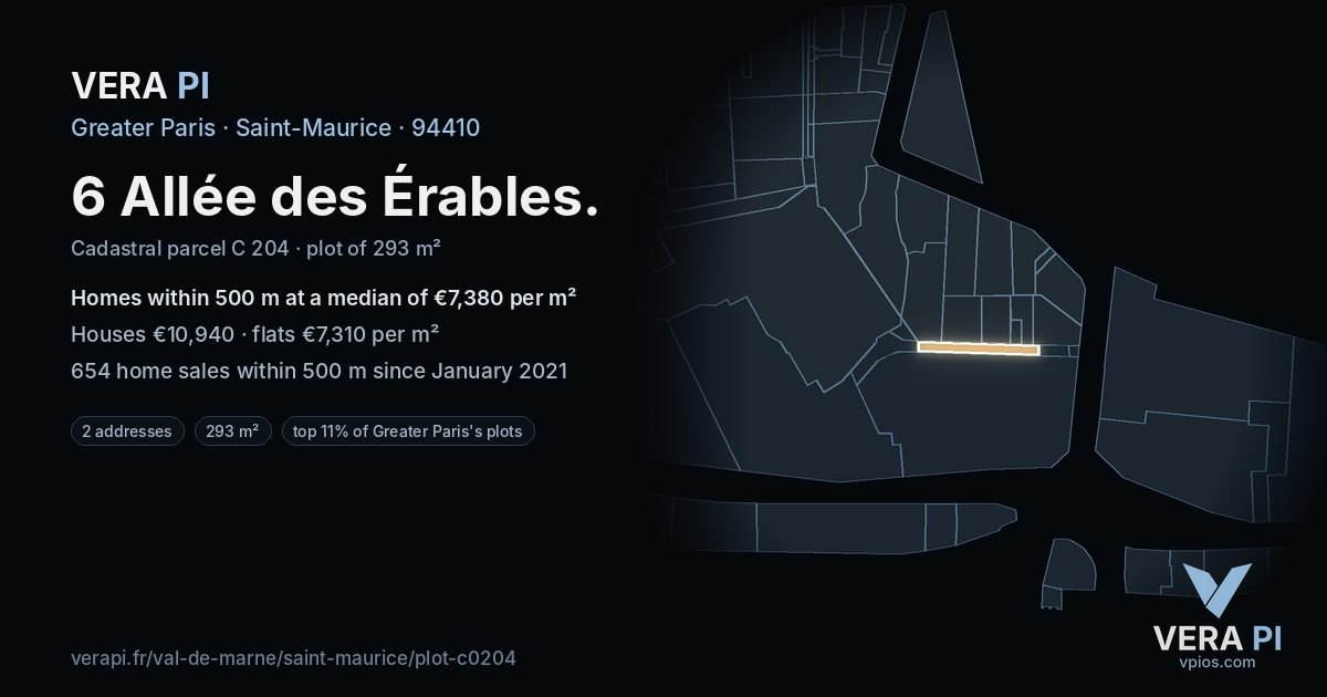 6 Allée des Érables, Saint-Maurice at night – the plot lit, the parcels around coloured by the prices near them