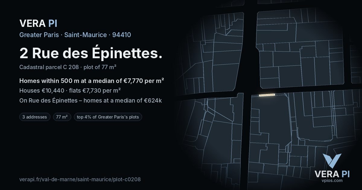 2 Rue des Épinettes, Saint-Maurice at night – the plot lit, the parcels around coloured by the prices near them