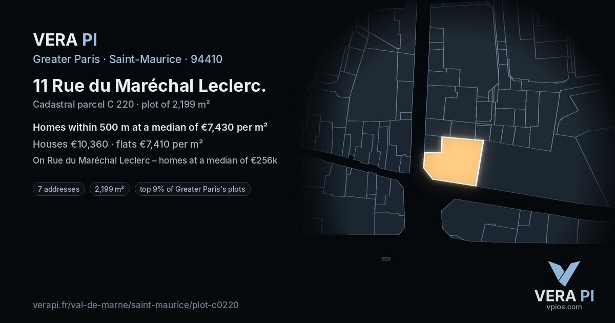 11 Rue du Maréchal Leclerc, Saint-Maurice at night – the plot lit, the parcels around coloured by the prices near them