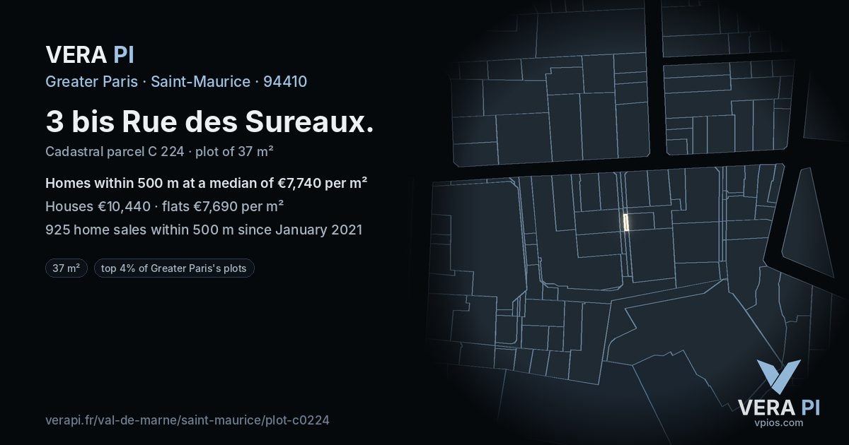 3 bis Rue des Sureaux, Saint-Maurice at night – the plot lit, the parcels around coloured by the prices near them