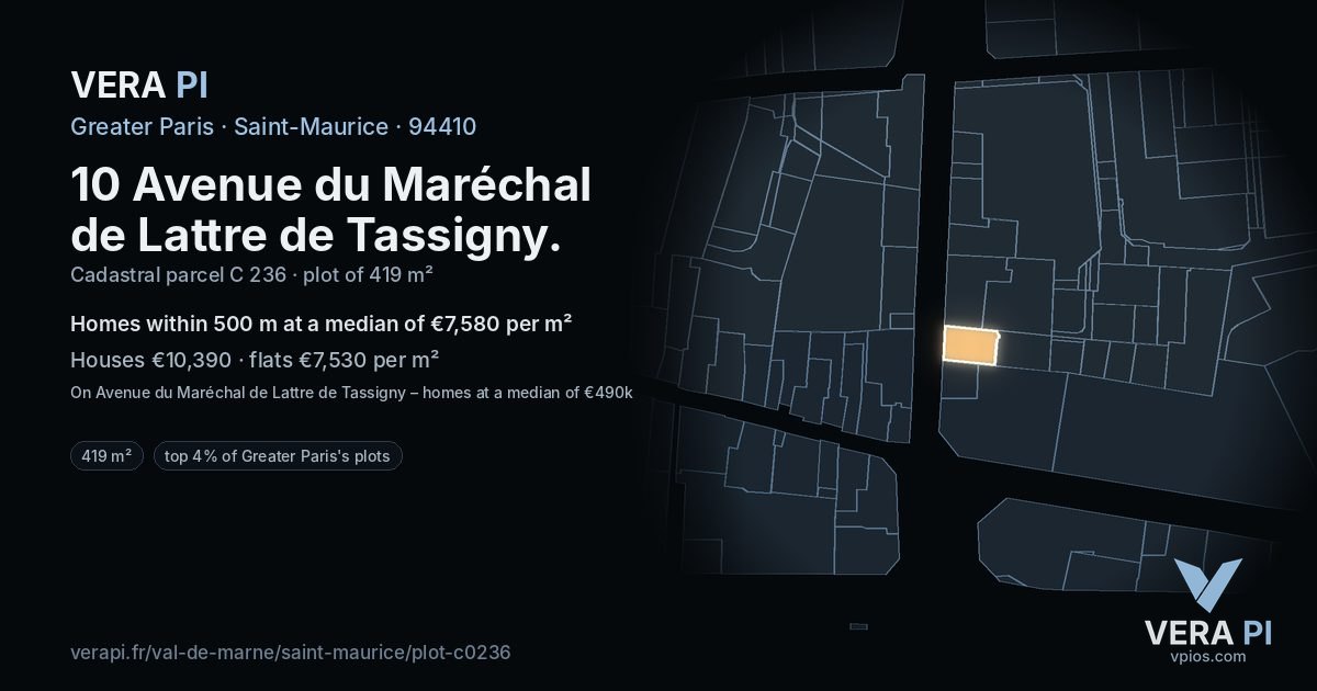 10 Avenue du Maréchal de Lattre de Tassigny, Saint-Maurice at night – the plot lit, the parcels around coloured by the prices near them