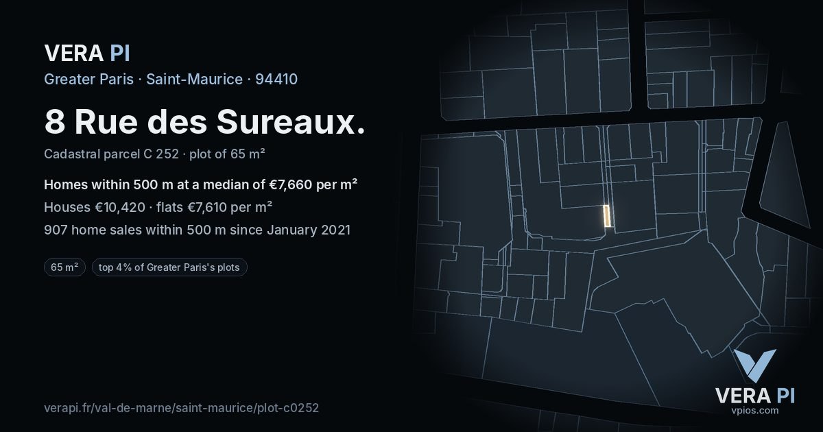 8 Rue des Sureaux, Saint-Maurice at night – the plot lit, the parcels around coloured by the prices near them
