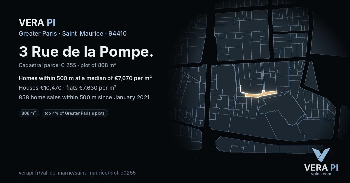 3 Rue de la Pompe, Saint-Maurice at night – the plot lit, the parcels around coloured by the prices near them