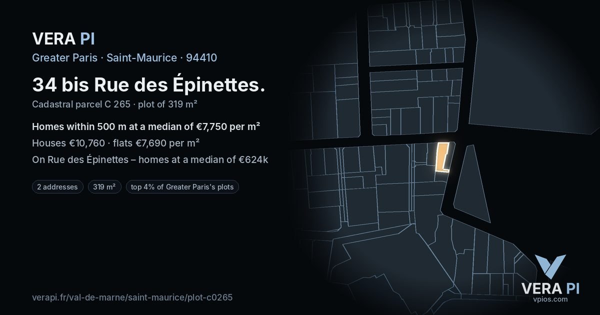 34 bis Rue des Épinettes, Saint-Maurice at night – the plot lit, the parcels around coloured by the prices near them