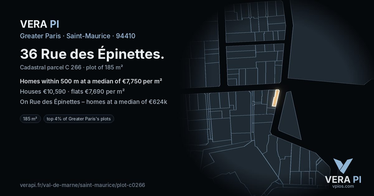 36 Rue des Épinettes, Saint-Maurice at night – the plot lit, the parcels around coloured by the prices near them