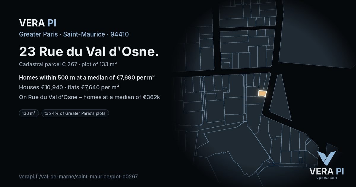 23 Rue du Val d'Osne, Saint-Maurice at night – the plot lit, the parcels around coloured by the prices near them